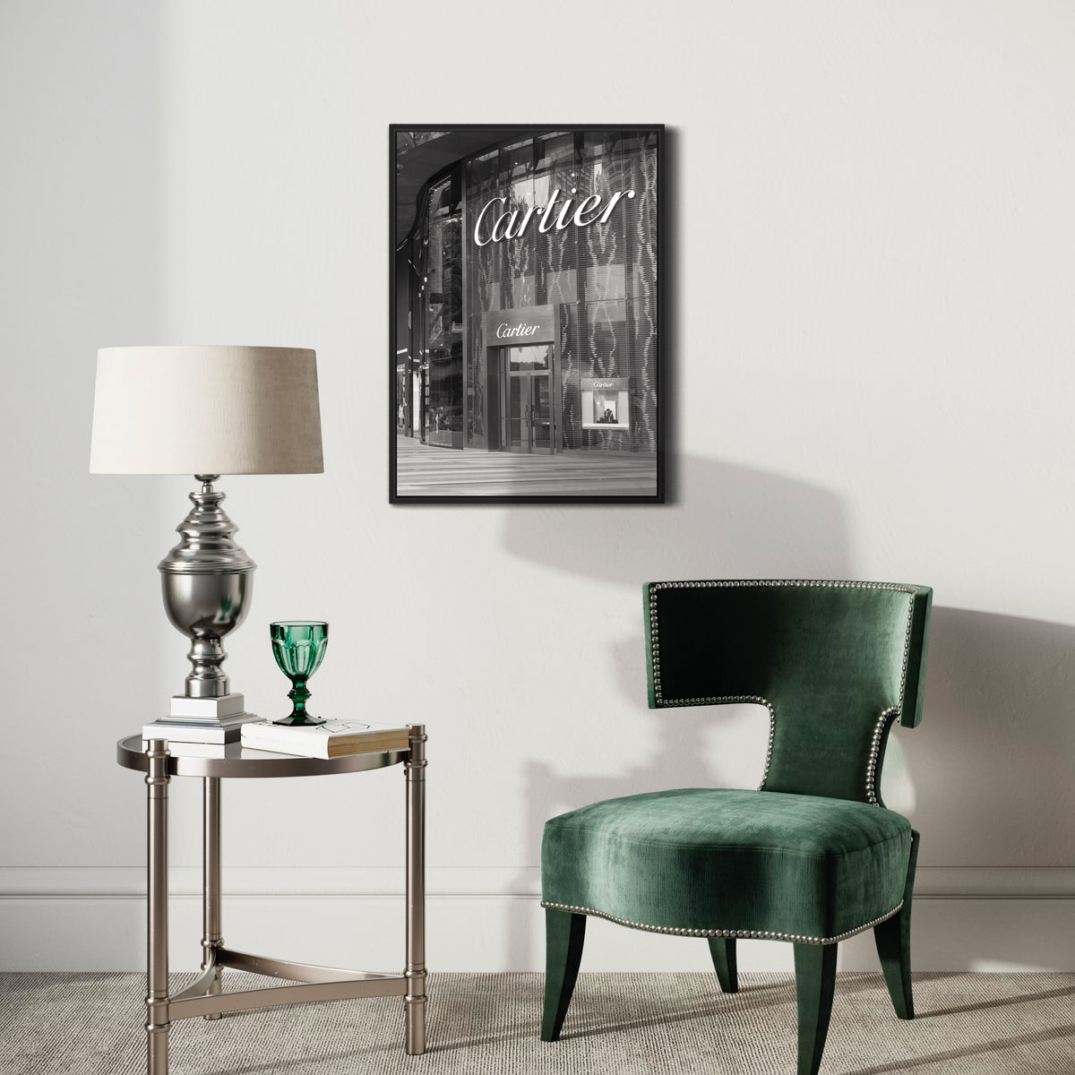 Luxury poster print of Cartier storefront in modern living room with green velvet chair and lamp
