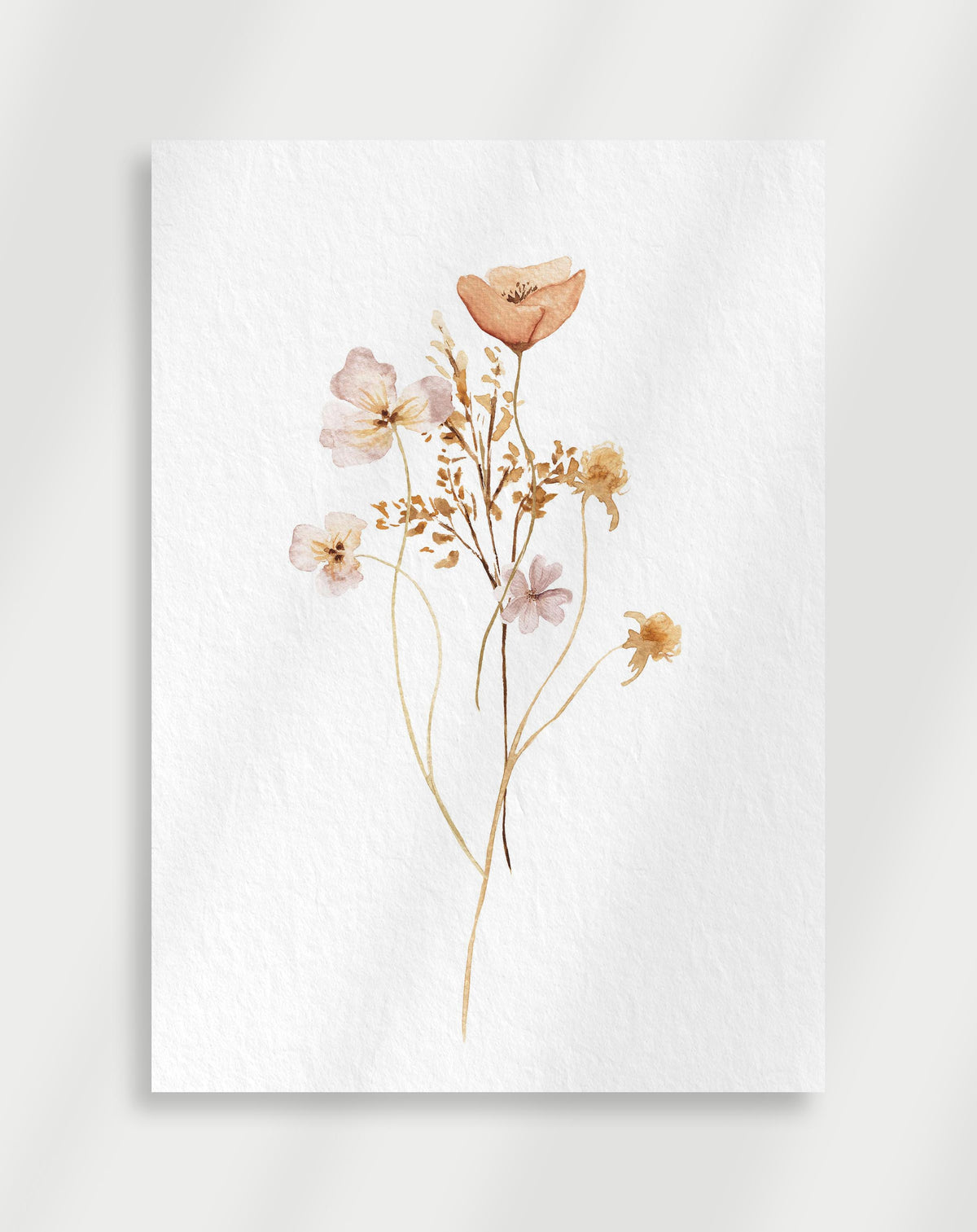 Minimal watercolor poster with delicate soft flowers in warm pastel tones