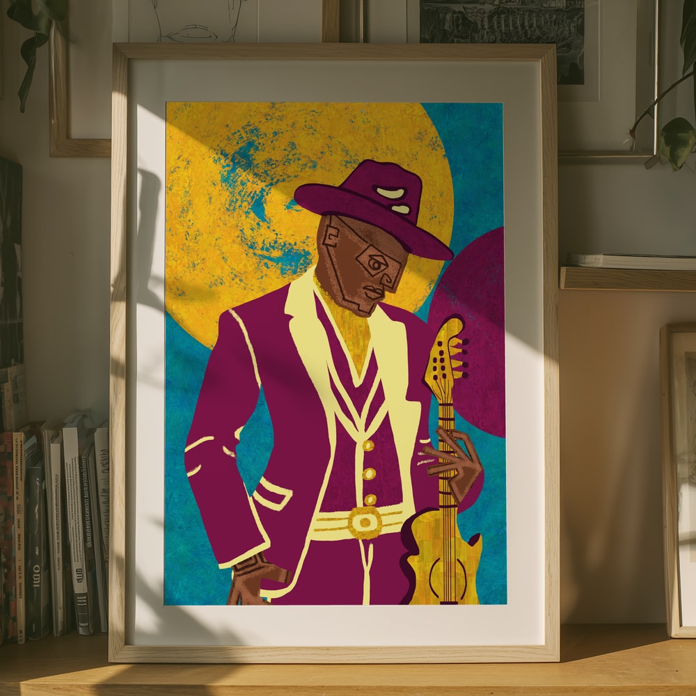 Plakat med guitarist i lilla jakkesæt