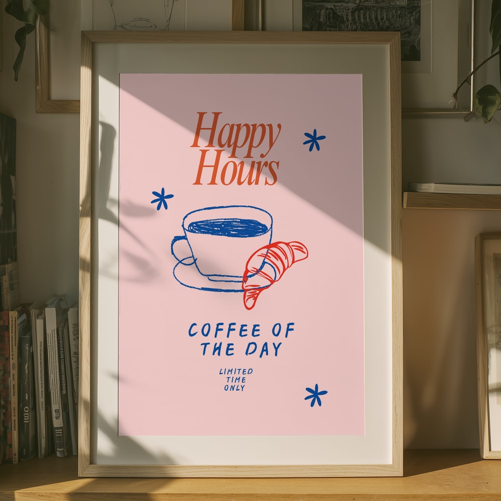 Plakat med kaffe og croissant til Happy Hour