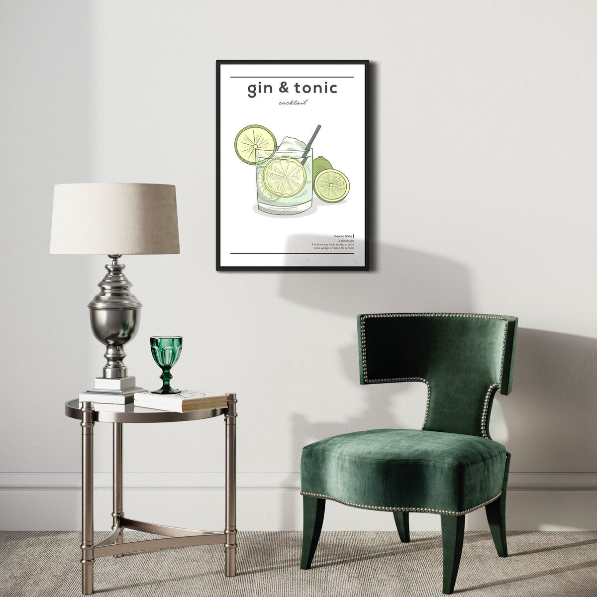 Gin & tonic cocktail poster on wall above elegant green chair and silver side table in modern living room