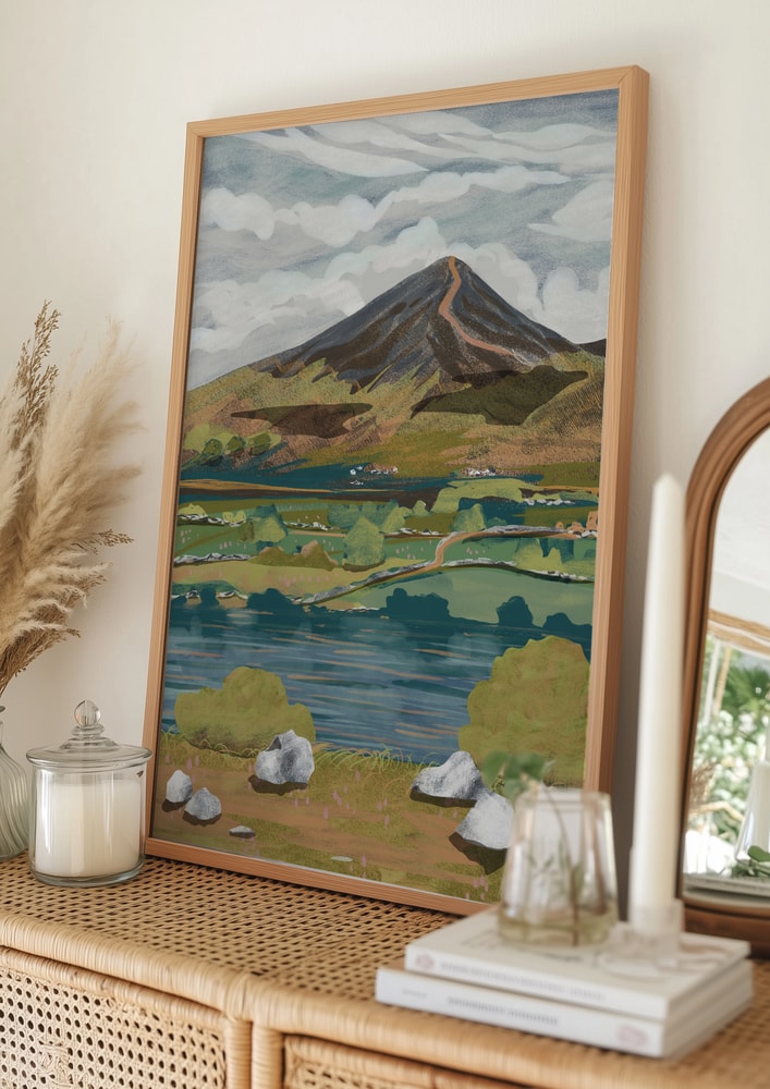 Plakat med bjergudsigt over søen