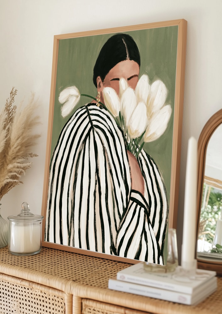Kvinde med blomster, stribet kvinde med tulipaner illustration plakat