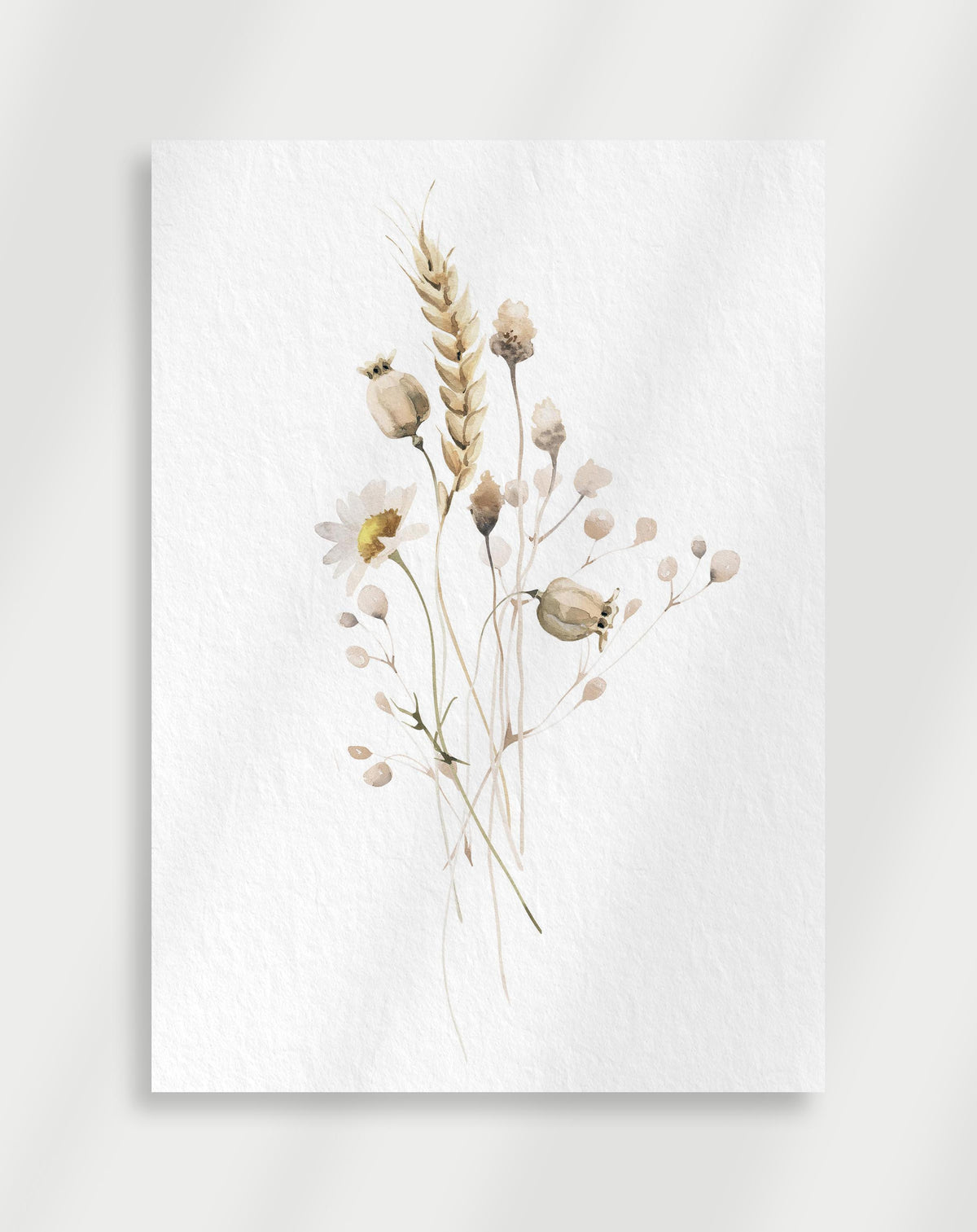 Minimal watercolor poster with dried meadow flowers in soft neutral tones