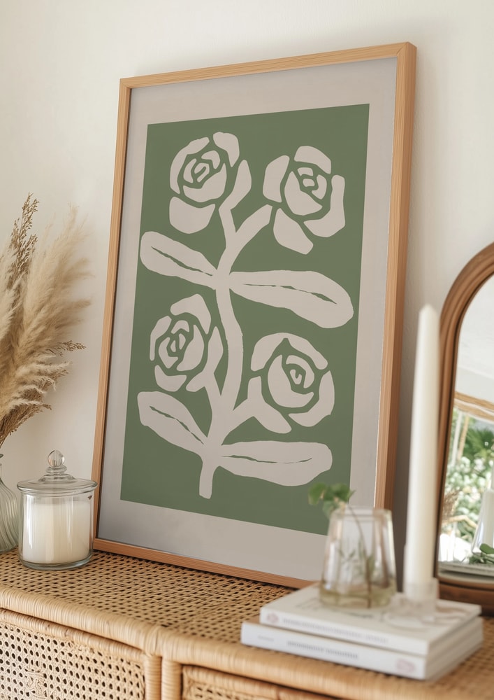 Grøn botanisk roseplakat