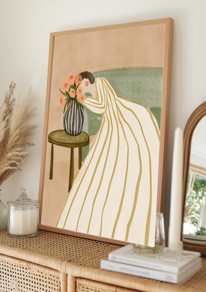 Kvinde, der beundrer blomster-plakat