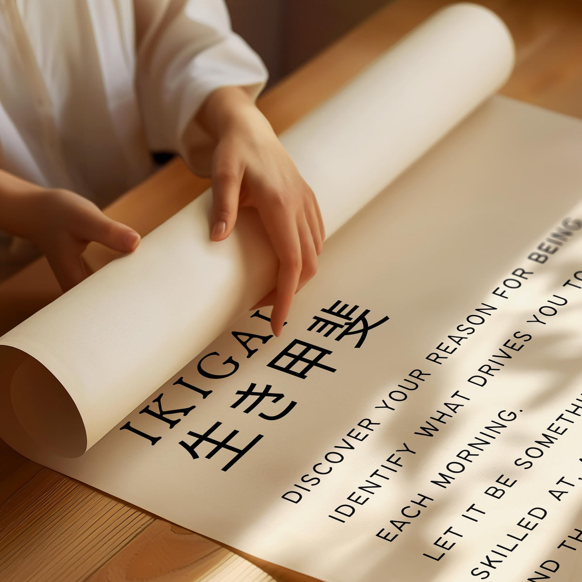 Minimalist Ikigai poster with clean typography and neutral Japandi design