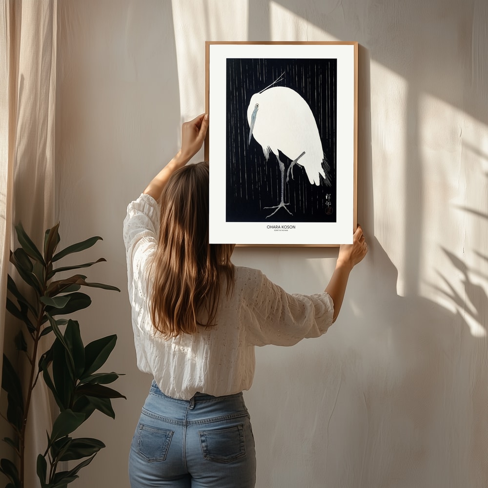 Hvid Hejre i Regnen Plakat