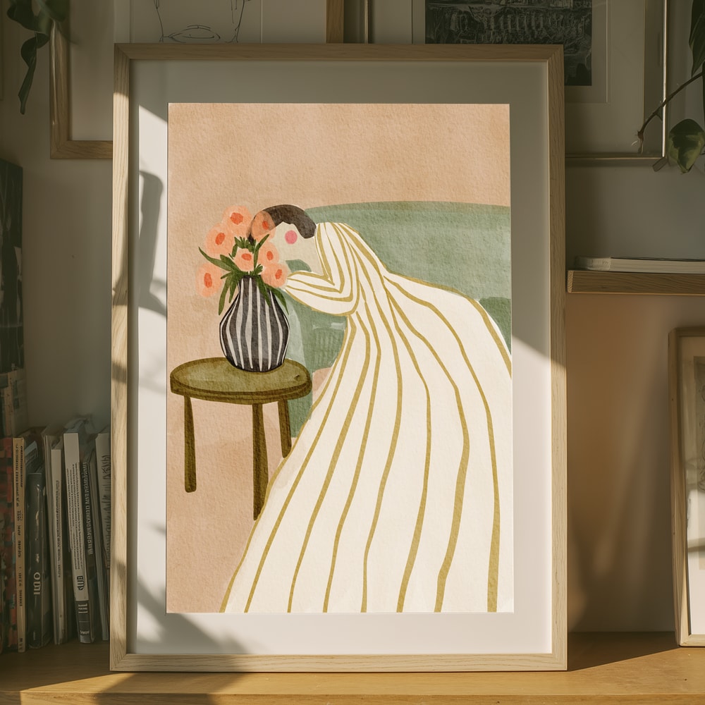 Kvinde, der beundrer blomster-plakat