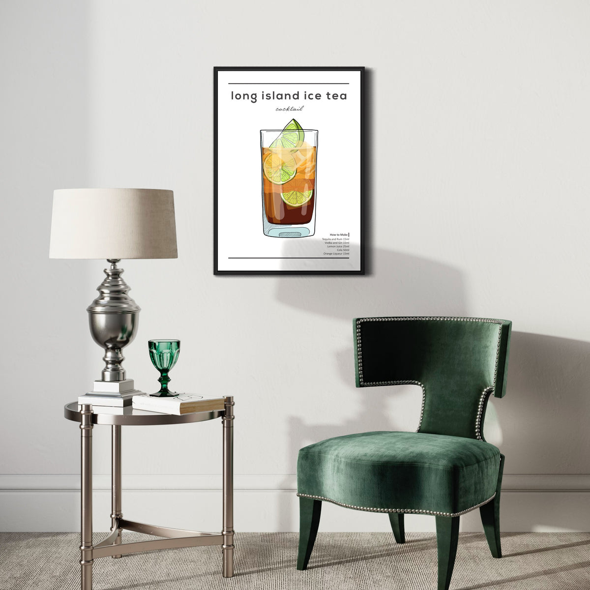 Framed Long Island Iced Tea cocktail poster in modern living room with green chair and lamp