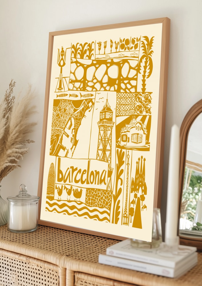 Illustreret plakat med Barcelonas vartegn