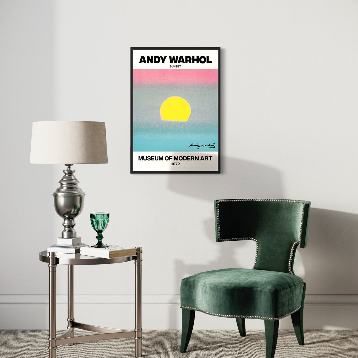 Modern living room with Andy Warhol sunset art poster, green velvet chair, side table and lamp