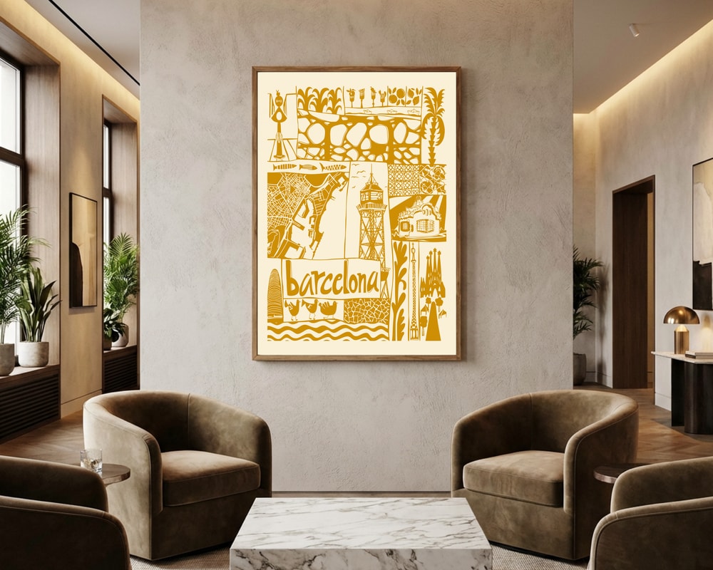 Illustreret plakat med Barcelonas vartegn