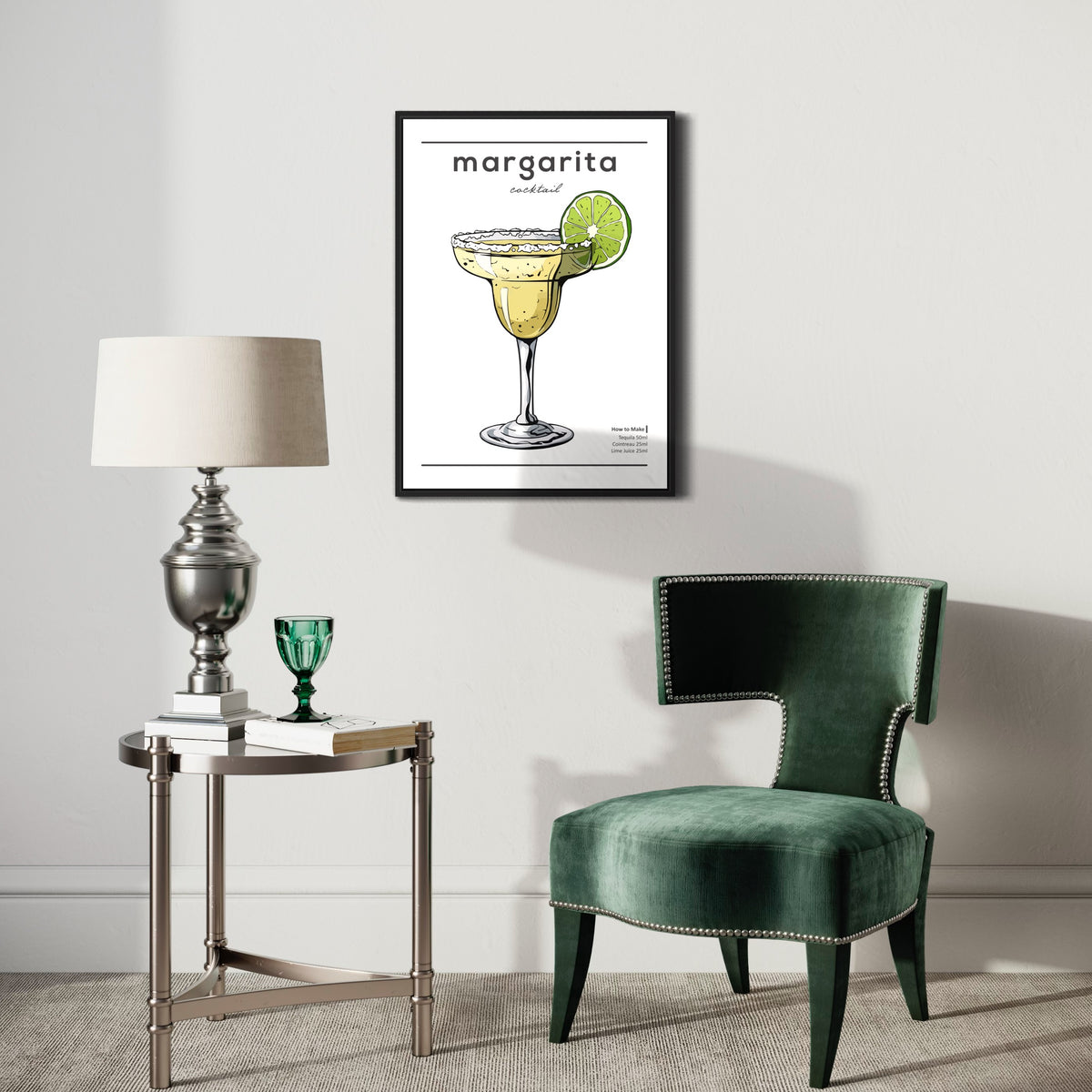Stylish margarita cocktail poster on wall in modern living room with green velvet chair and lamp