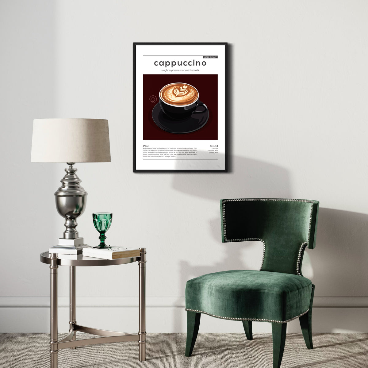 Framed cappuccino coffee poster on wall in modern living room with green chair and side table.