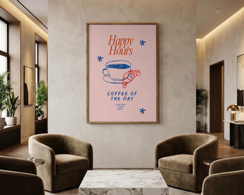 Plakat med kaffe og croissant til Happy Hour