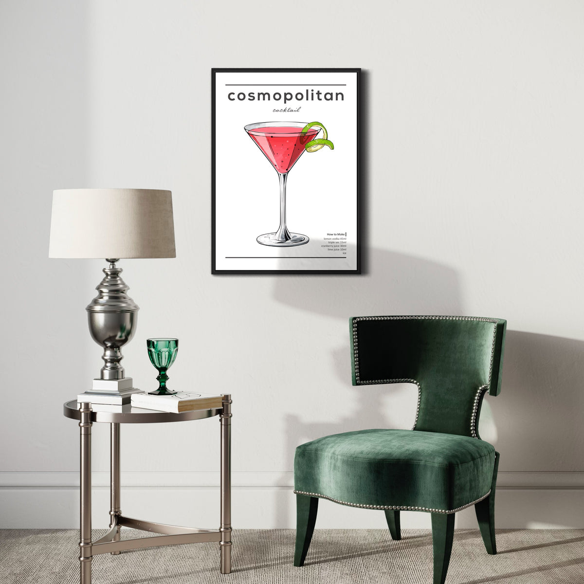 Modern living room decor with cosmopolitan cocktail poster, green velvet chair, and lamp