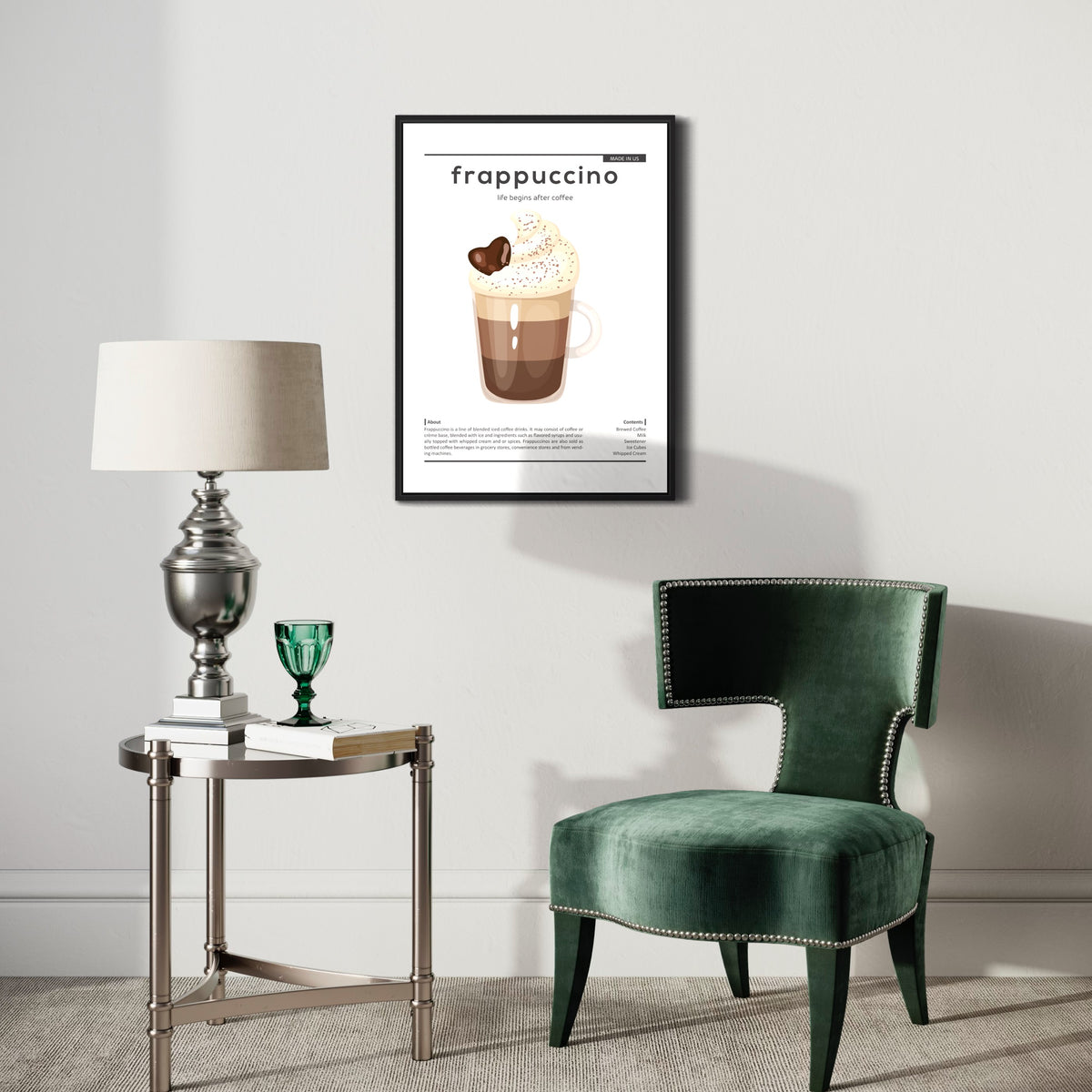 Modern living room with green velvet chair, side table, and frappuccino coffee poster wall art.