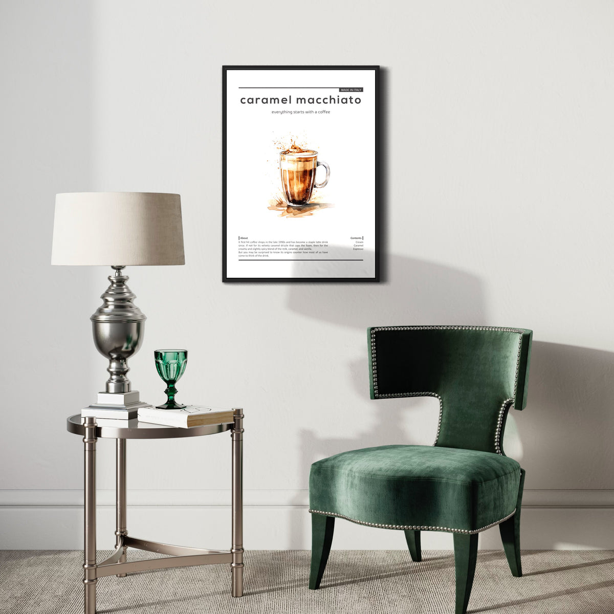 Modern living room with green velvet chair, silver lamp, and caramel macchiato coffee poster wall art.