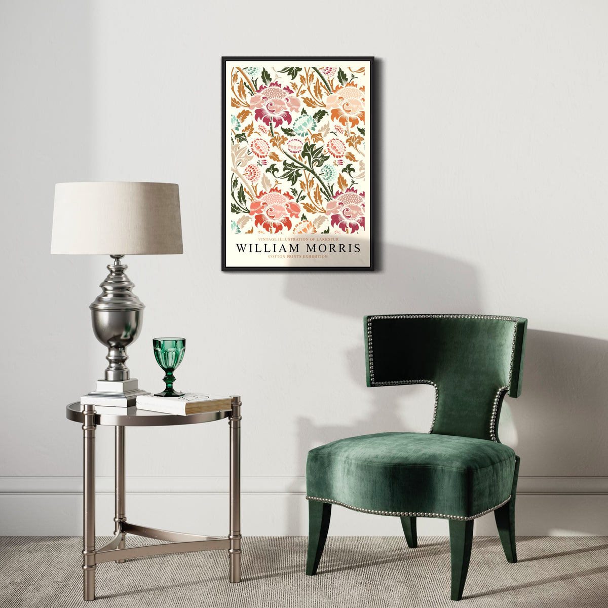 Floral William Morris poster on wall above stylish green velvet chair and modern side table