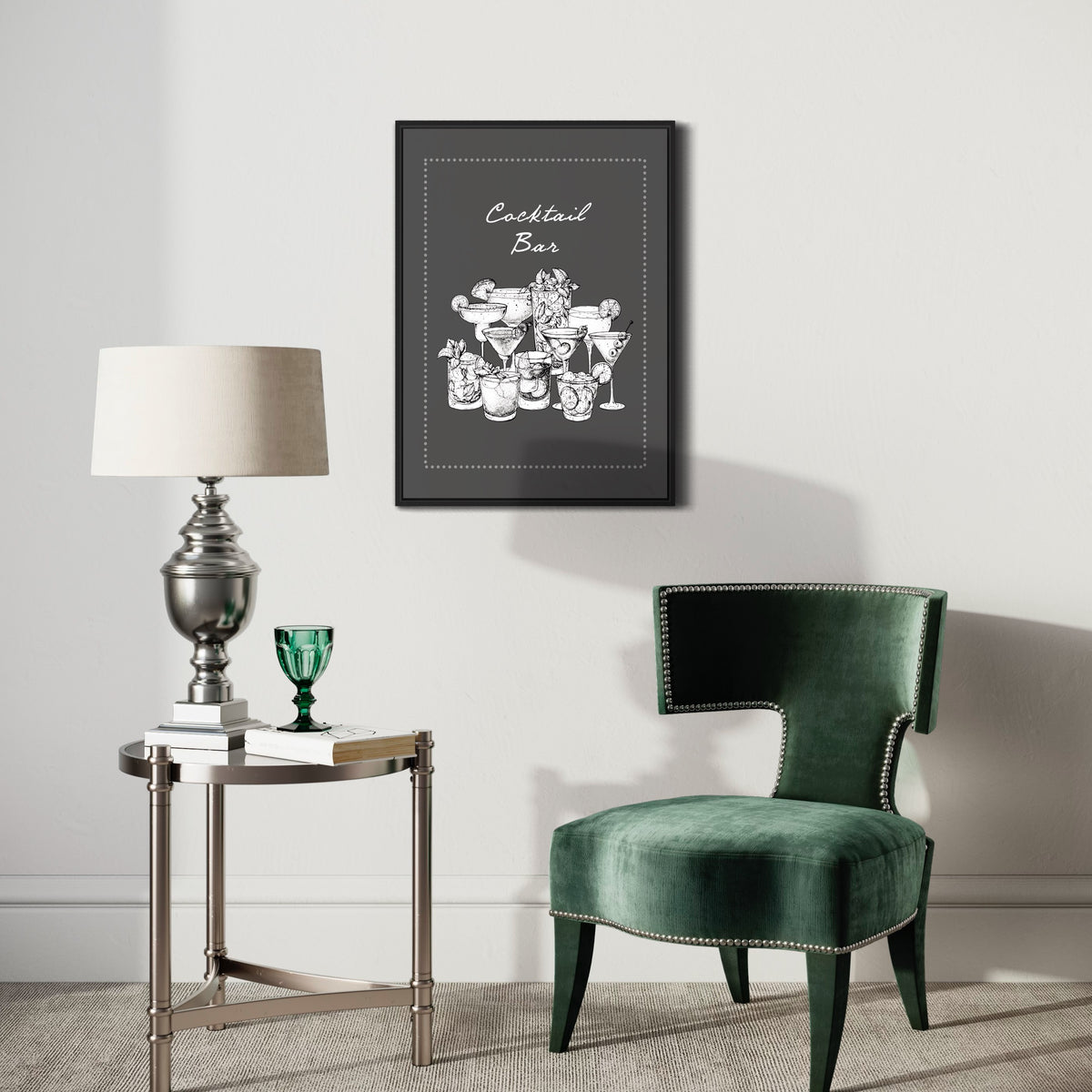 Framed cocktail bar poster on wall in modern living room with green velvet chair and lamp