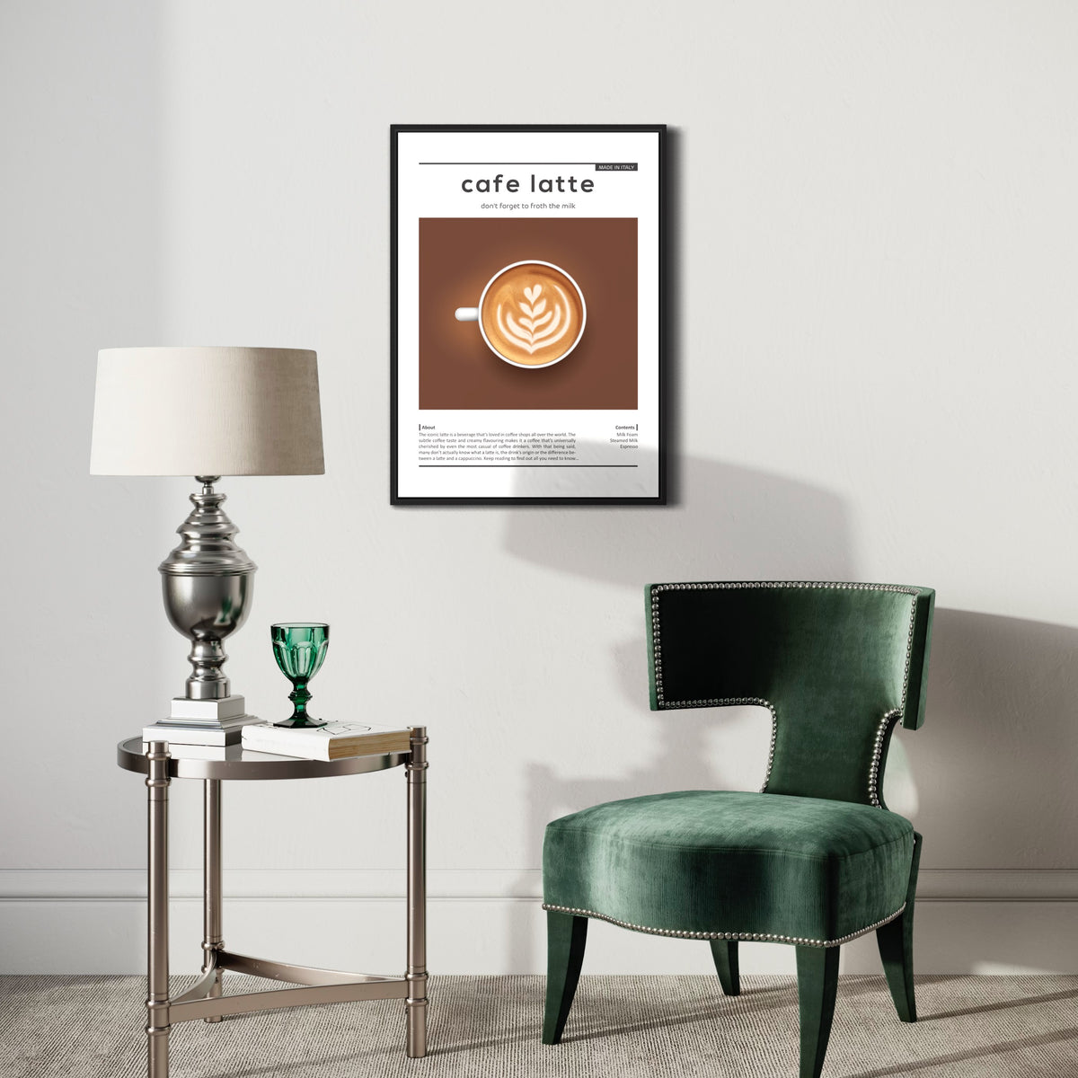 Modern living room with green velvet chair, side table, and framed cafe latte poster on the wall.