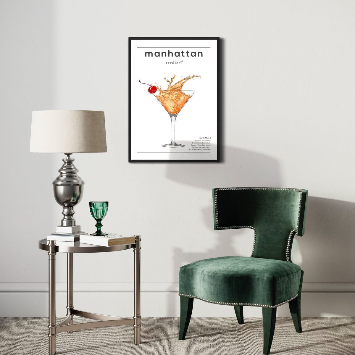 Modern living room with a green velvet chair, side table, and manhattan cocktail art print on wall.