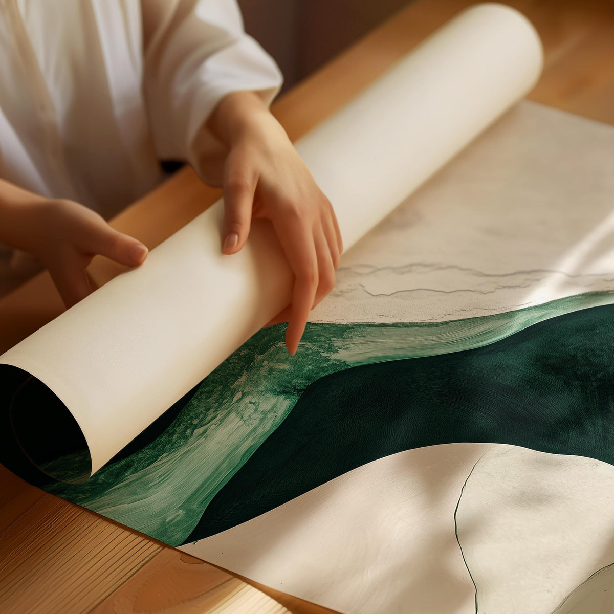 Japandi poster with green abstract shapes and organic composition