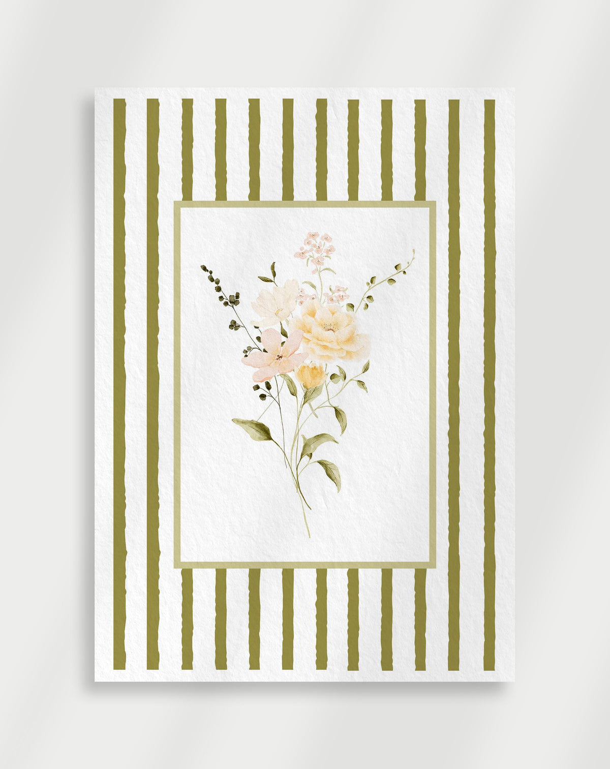 Floral bouquet poster with soft pastel flowers and green striped frame