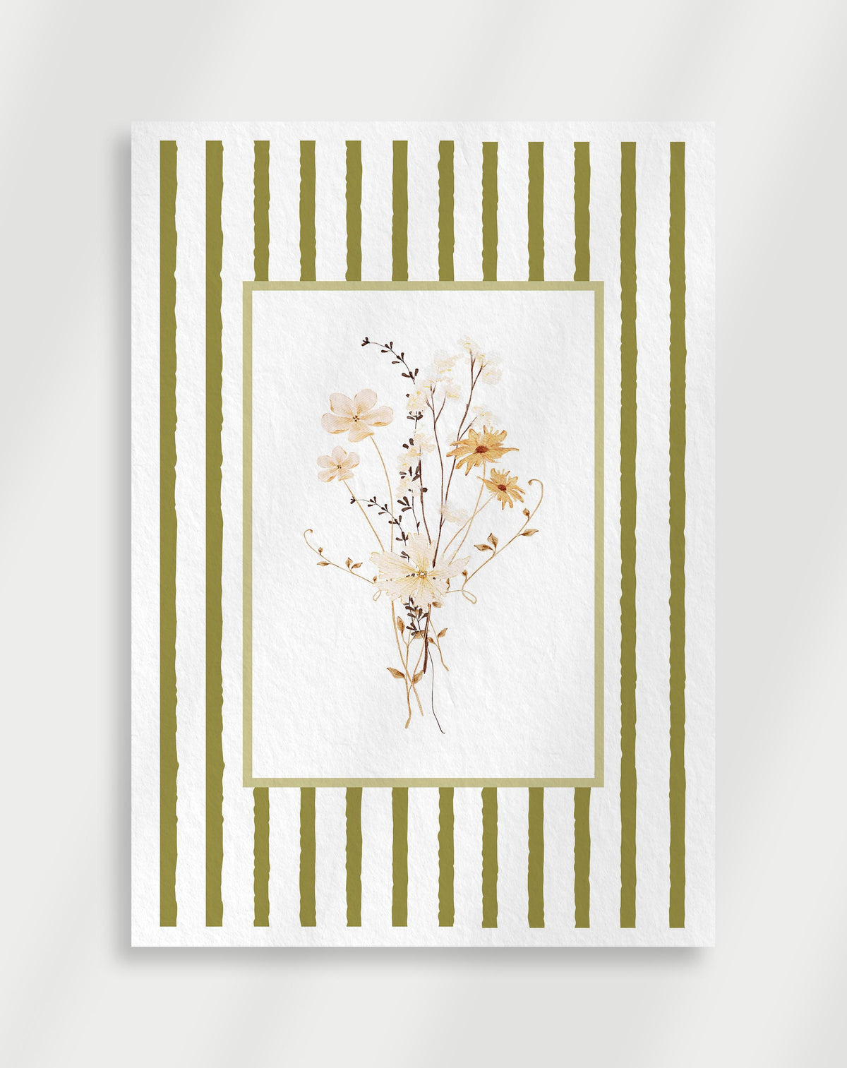 Botanical poster with delicate wildflowers in soft neutral tones and green striped frame