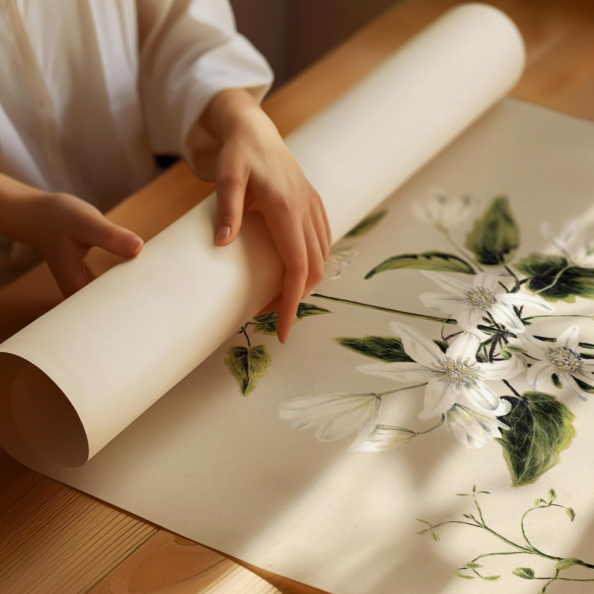 White Clematis Botanical Illustration Poster – Classic Floral Wall Art