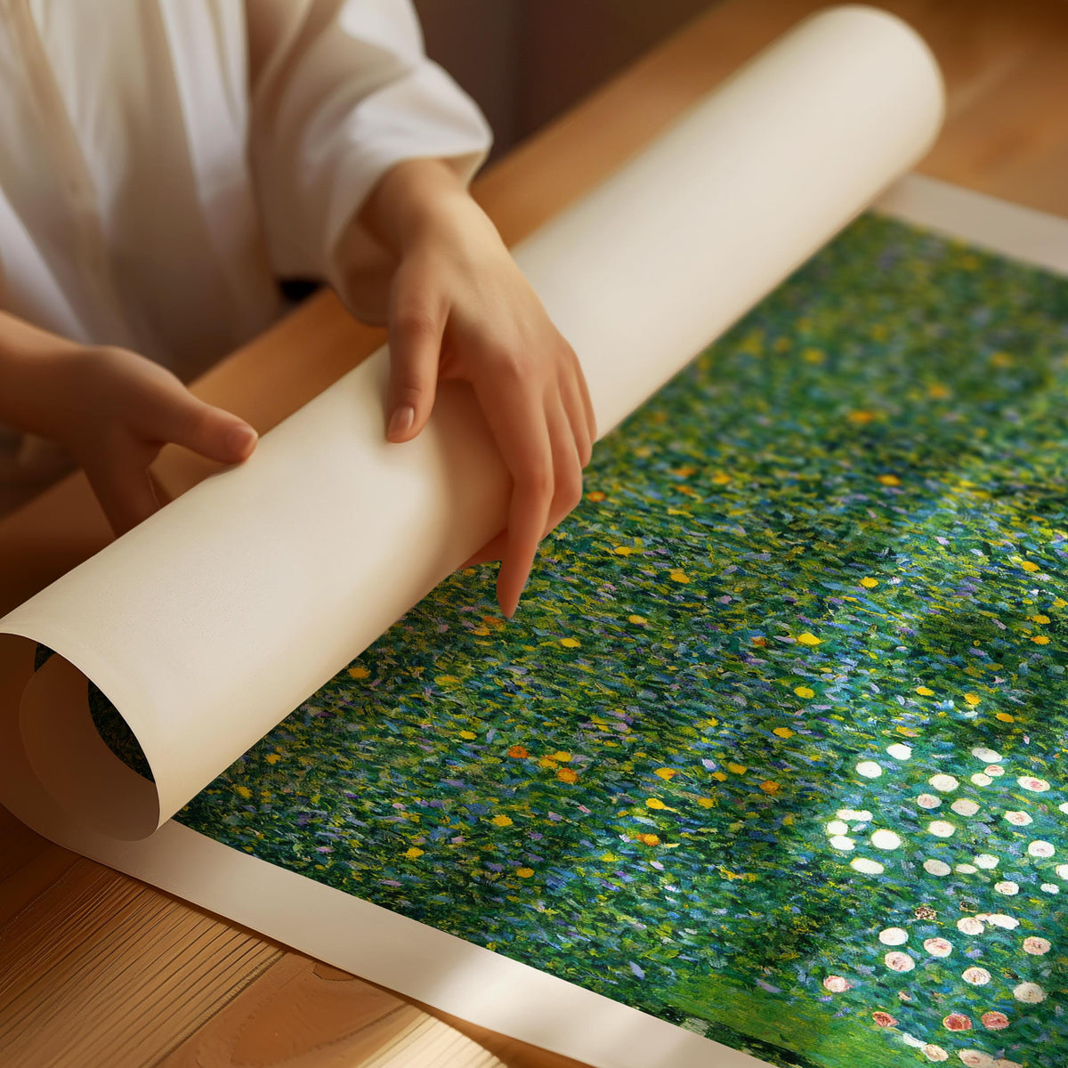 Gustav Klimt Roses Under the Trees poster with green landscape and floral details