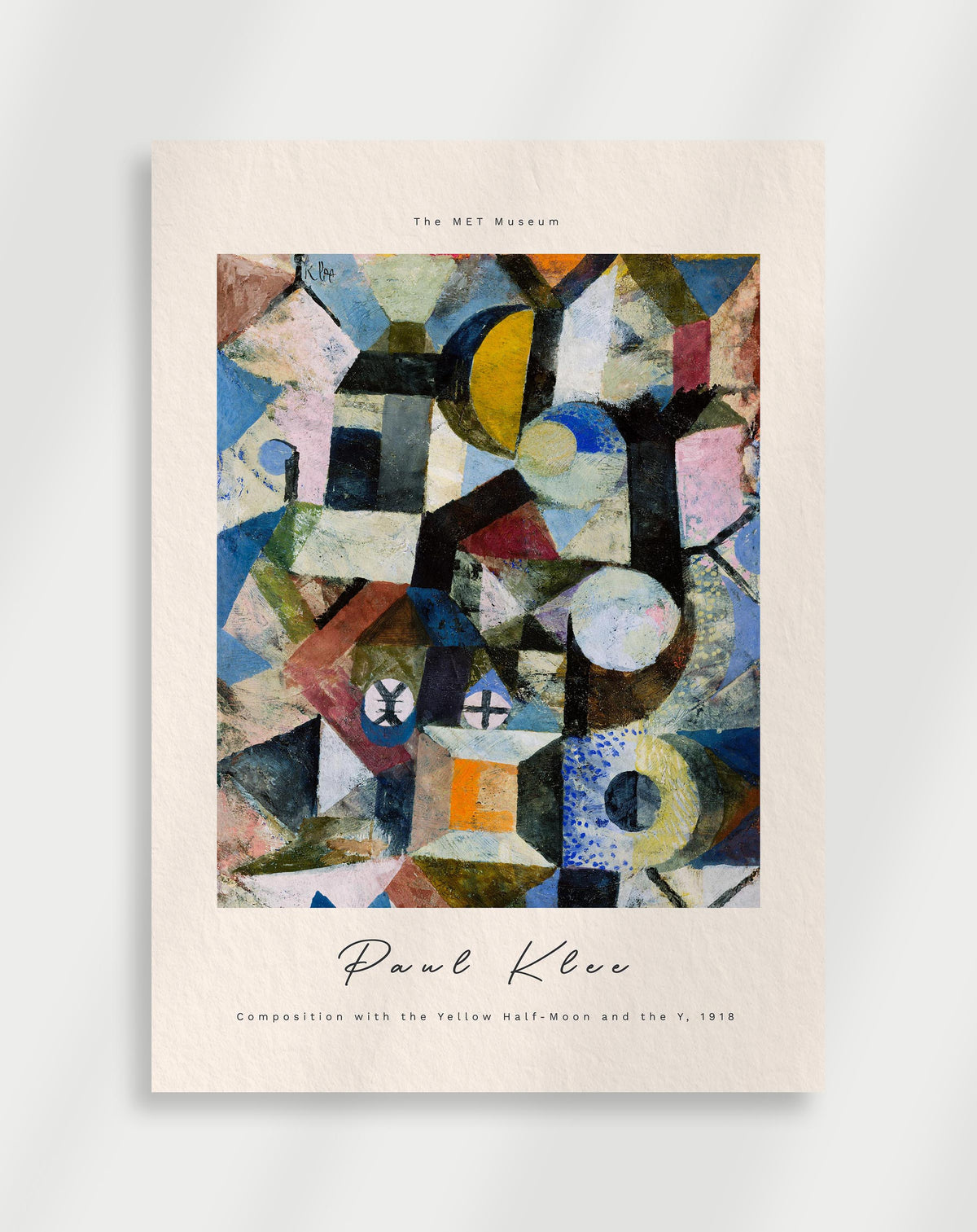 Abstract composition with geometric shapes and yellow half moon in textured Klee style