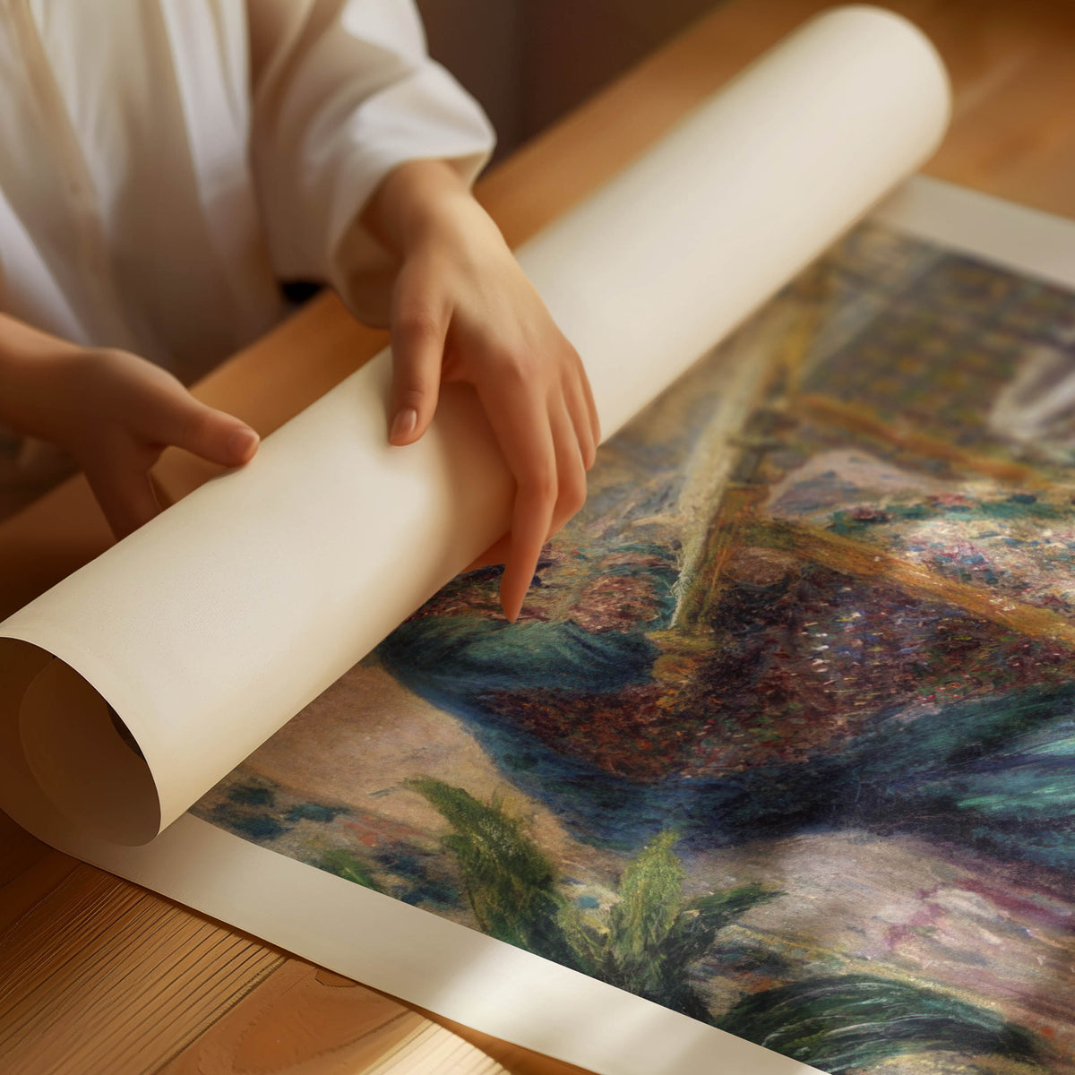 Woman embroidering in a calm interior scene by Claude Monet