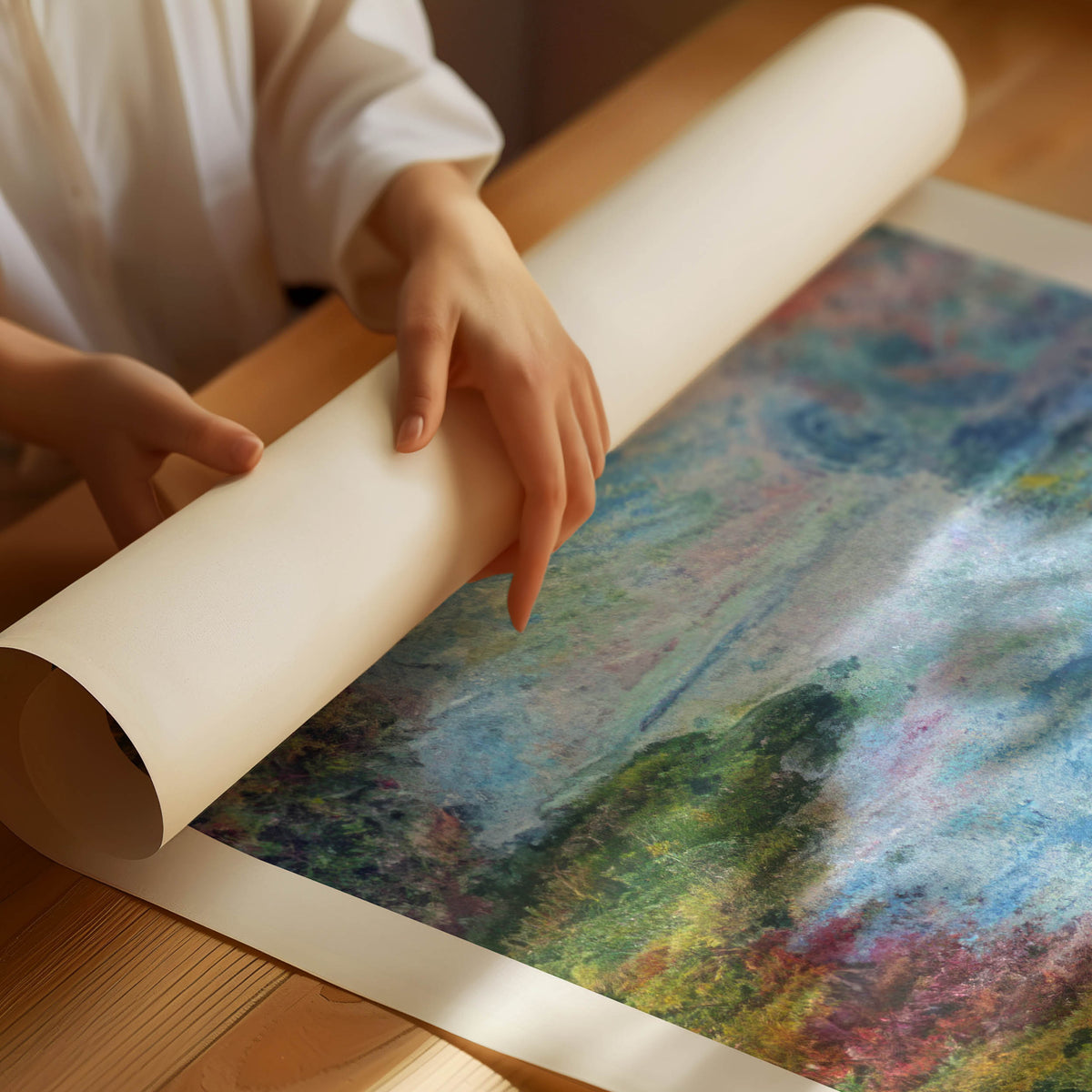 Peaceful countryside scene with soft colors and impressionist brushwork by Claude Monet
