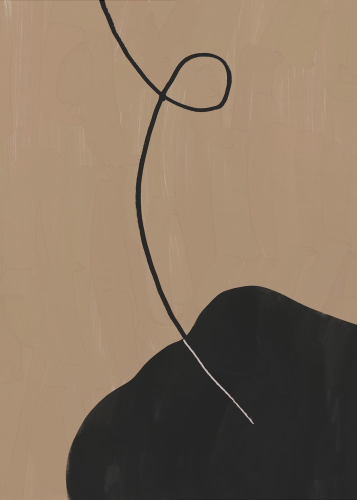 Abstract black shape line poster with a minimalist abstract composition of a black organic shape and curved line on a beige background