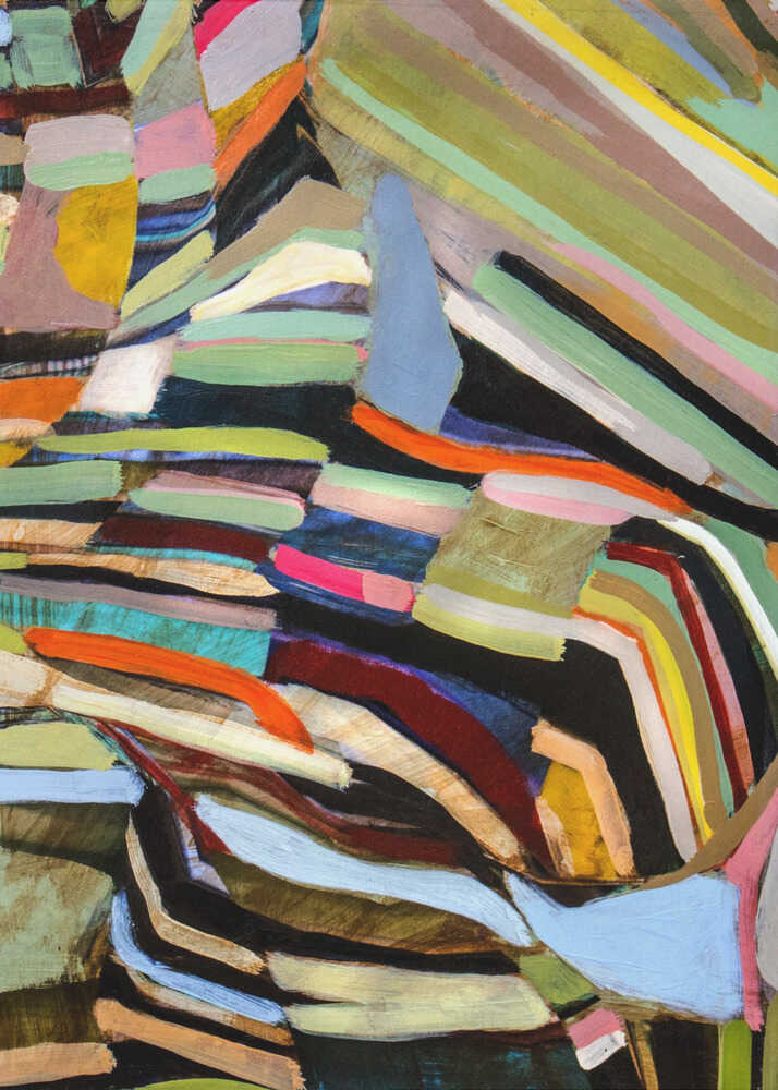 Abstract colorful brushstrokes painting poster with an abstract painting of layered colorful brushstrokes in greens blues and oranges