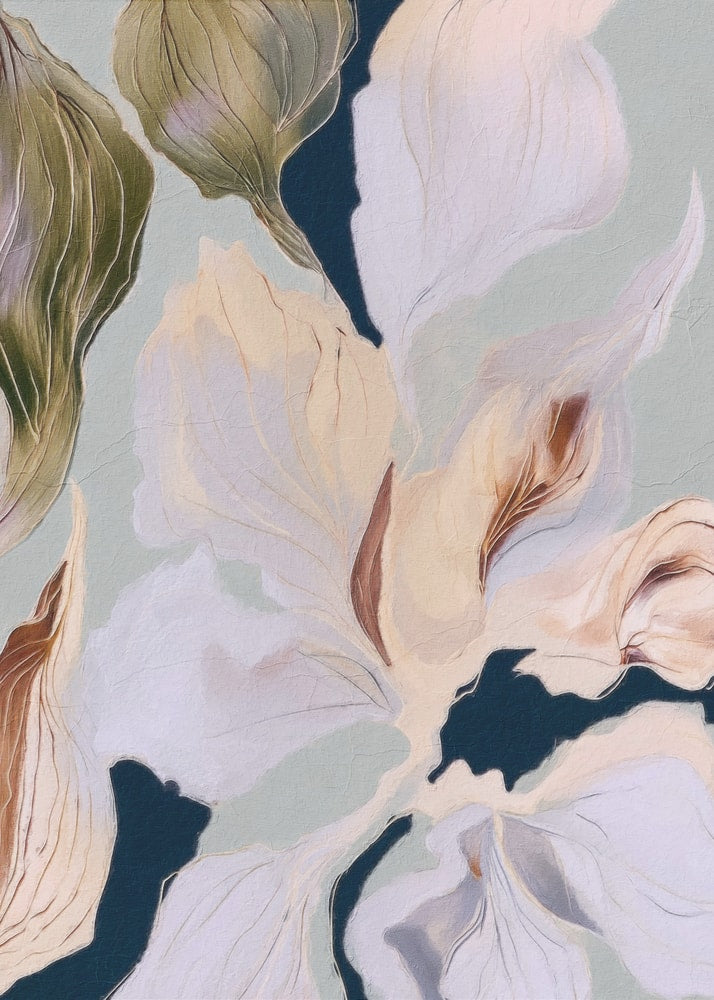 Abstract floral painting pastel poster with a close-up painterly composition of soft white and cream petals and green leaves