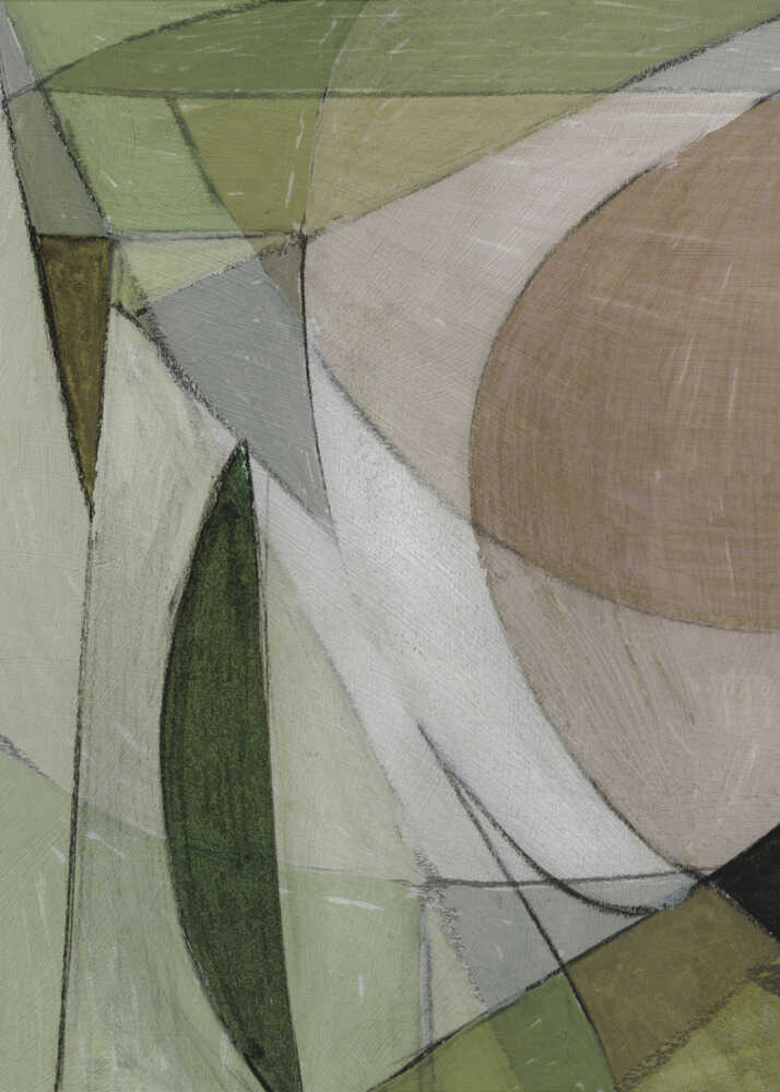 Abstract geometric earth tones poster with an abstract geometric composition of overlapping shapes in muted greens beiges and browns
