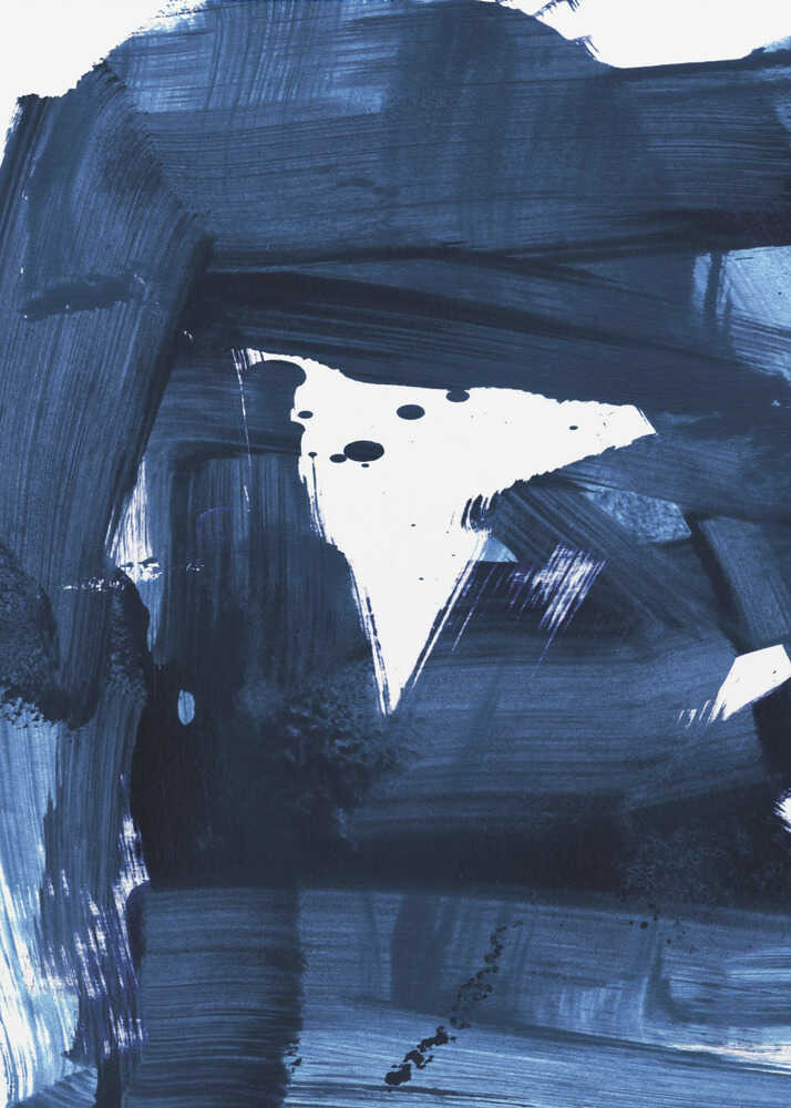 Abstract gestural layered blue poster with an abstract expressionist painting of layered dark blue brushstrokes and white negative spaces