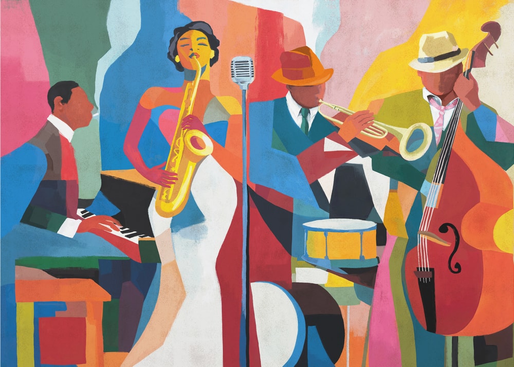 Abstract jazz band poster with a colorful geometric illustration of a pianist, saxophonist, trumpet and double bass player