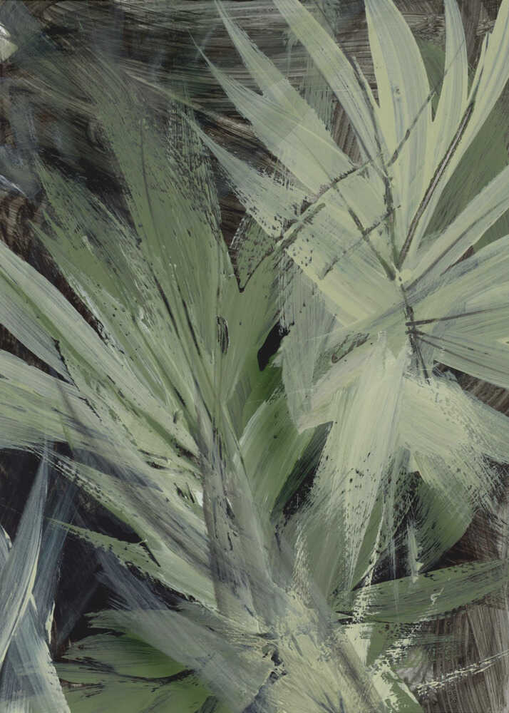 Abstract palm leaves brushstrokes poster with an abstract expressionist painting of green and gray palm leaves with bold brushstrokes