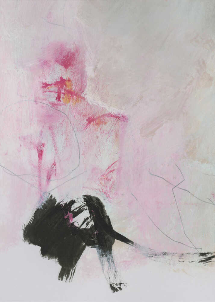 Abstract pink black gestural poster with an abstract expressionist painting of soft pink washes and black gestural marks