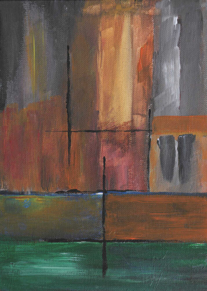 Abstract vertical horizontal strokes painting poster with an abstract painting of vertical and horizontal strokes in earth tones and greens