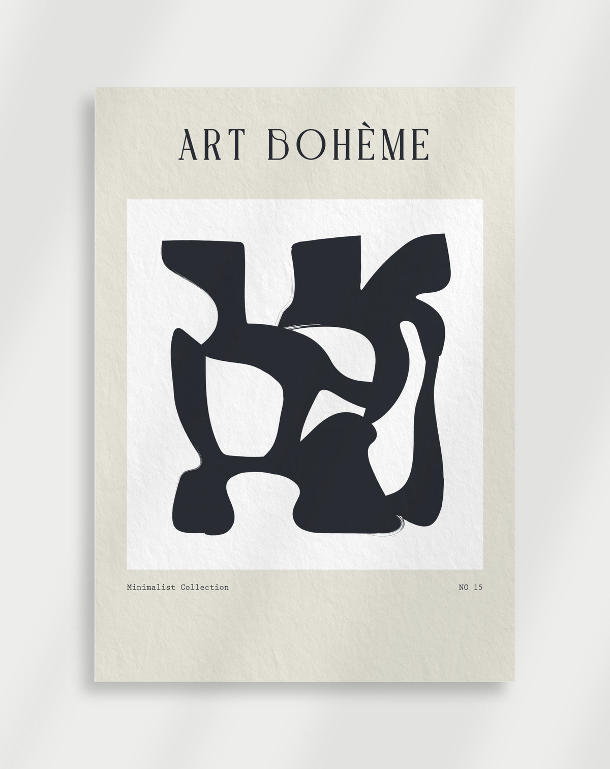Art Boheme abstract shape poster with a black abstract organic shape labeled Art Boheme Minimalist Collection