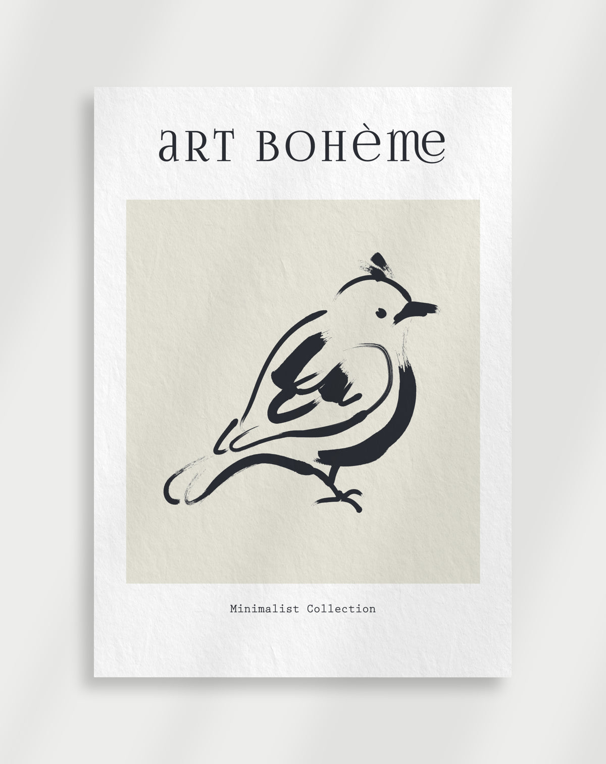Art Boheme bird poster with a black brushstroke drawing of a bird labeled Art Boheme Minimalist Collection