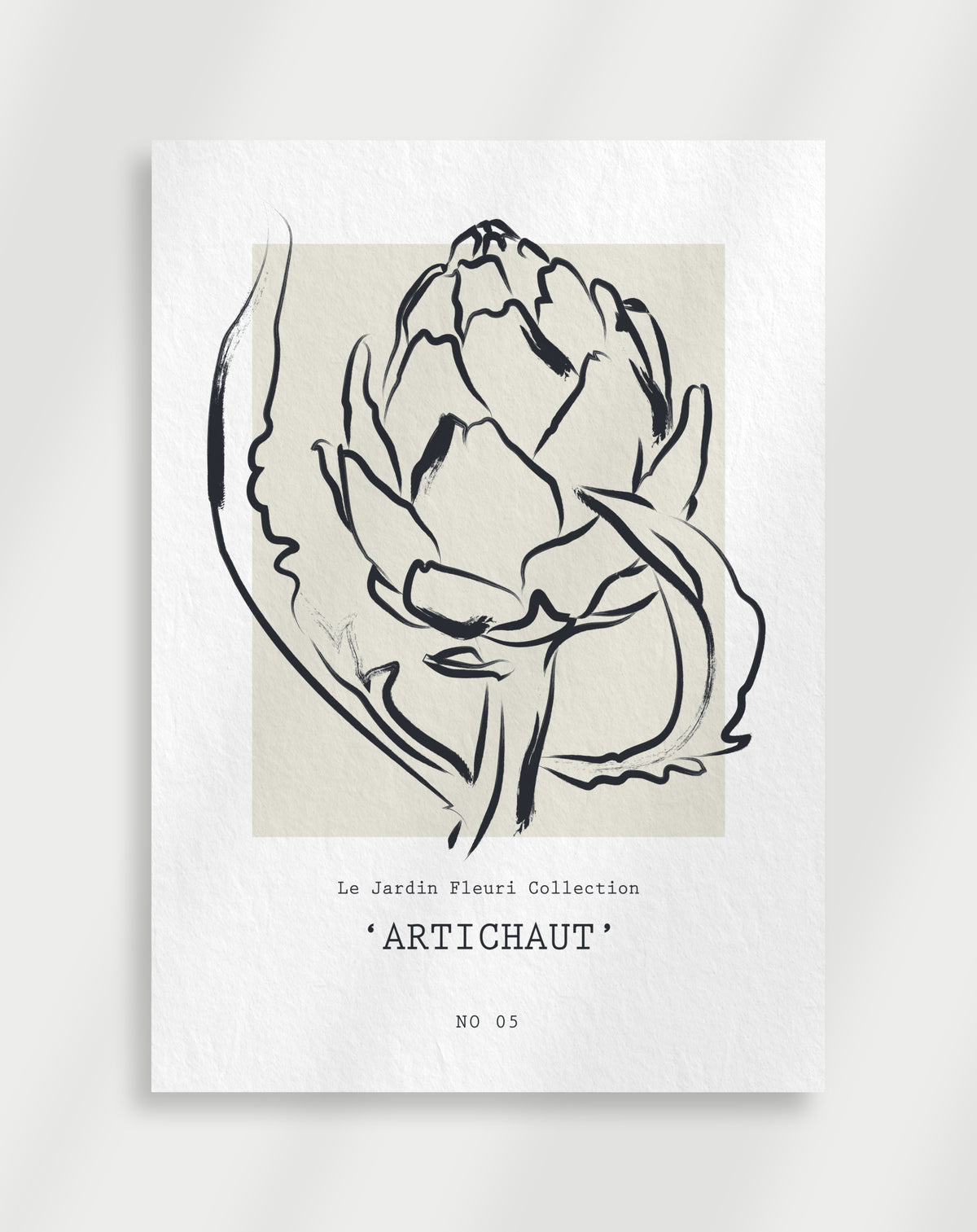 Artichoke line art poster with a black line drawing of an artichoke labeled Artichaut Le Jardin Fleuri Collection