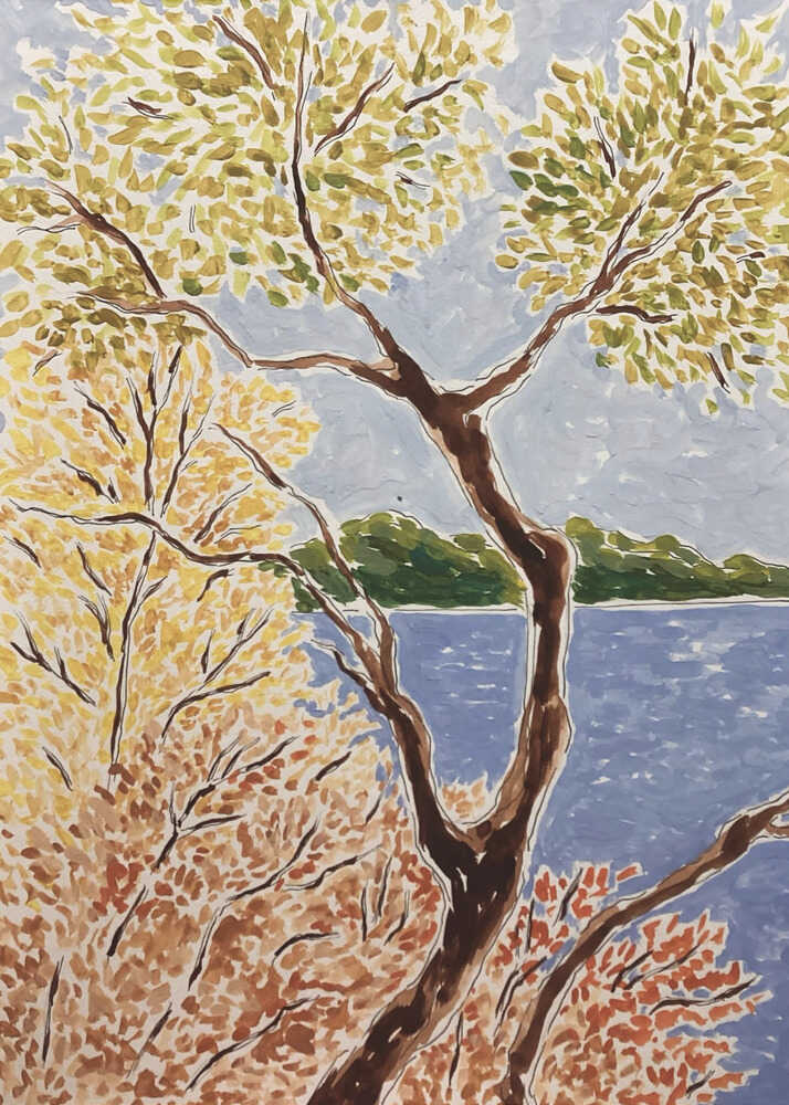 Autumn landscape trees lake poster with a painterly illustration of autumn trees with yellow and orange foliage by a blue lake
