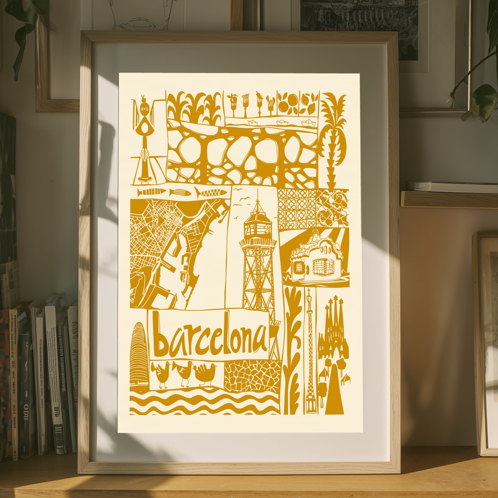 Illustreret plakat med Barcelonas vartegn