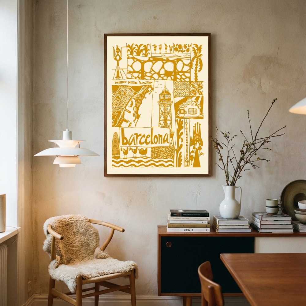 Illustreret plakat med Barcelonas vartegn